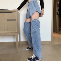 American Style Cute Trendy Sexy Girl Chic Summer Wide Leg Trouser Pants Detachable Shorts Blue Black Denim Jeans - Thumbnail 6