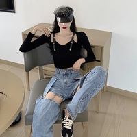 American Style Cute Trendy Sexy Girl Chic Summer Wide Leg Trouser Pants Detachable Shorts Blue Black Denim Jeans - Thumbnail 4