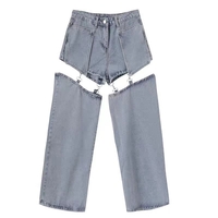 American Style Cute Trendy Sexy Girl Chic Summer Wide Leg Trouser Pants Detachable Shorts Blue Black Denim Jeans - Thumbnail 7
