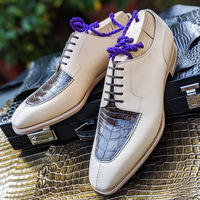 Handmade Men's Off white Black Alligator Shoes,Men's Lace Up Leather Shoes - Thumbnail 1