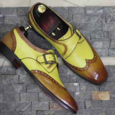 Handmade men's monk shoes,men's two tone leather wing tip monk strap casual shoes - Thumbnail 4