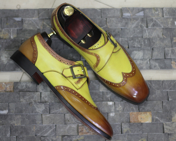 Handmade Men's Monk Shoes,Men's Two Tone Leather Wing Tip Monk Strap Casual Shoes