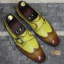 Handmade Men's Monk Shoes,Men's Two Tone Leather Wing Tip Monk Strap Casual Shoes-1