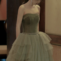 Green velvet tulle long prom dress A line evening dress - Thumbnail 1