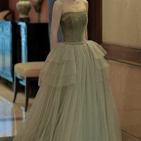 Green velvet tulle long prom dress A line evening dress - Thumbnail 3