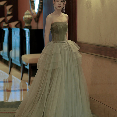 Green velvet tulle long prom dress a line evening dress - Thumbnail 3