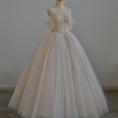 Champagne tulle beads long prom dress a line evening gown - Thumbnail 3