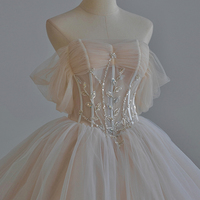 Champagne tulle beads long prom dress A line evening gown - Thumbnail 1