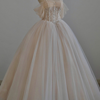 Champagne tulle beads long prom dress A line evening gown - Thumbnail 4