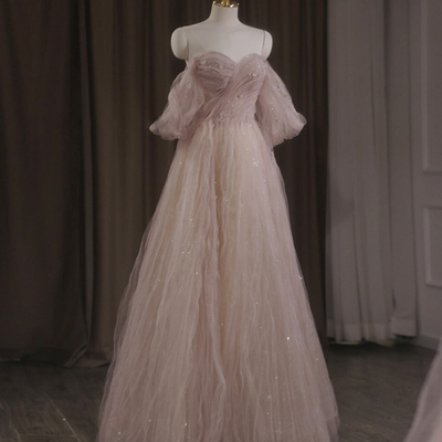 Pink tulle beads long prom dress a line evening dress - Thumbnail 1