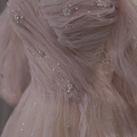 Pink tulle beads long prom dress A line evening dress - Thumbnail 1