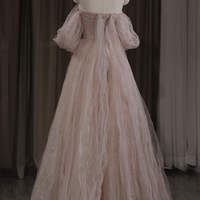 Pink tulle beads long prom dress A line evening dress - Thumbnail 2