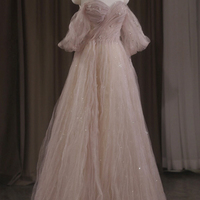 Pink tulle beads long prom dress A line evening dress - Thumbnail 3