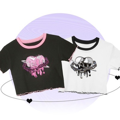 Japanese harajuku cyberpunk metal pink silver heart love emo girl embroidery design cool chic print vest high short sleeve top t shirt - Thumbnail 5