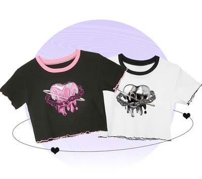Japanese Harajuku Cyberpunk Metal Pink Silver Heart Love Emo Girl Embroidery Design Cool Chic Print Vest High Short Sleeve Top T Shirt