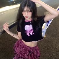 Japanese Harajuku Cyberpunk Metal Pink Silver Heart Love Emo Girl Embroidery Design Cool Chic Print Vest High Short Sleeve Top T Shirt - Thumbnail 2