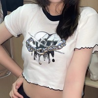 Japanese Harajuku Cyberpunk Metal Pink Silver Heart Love Emo Girl Embroidery Design Cool Chic Print Vest High Short Sleeve Top T Shirt - Thumbnail 4