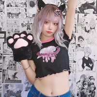 Japanese Harajuku Cyberpunk Metal Pink Silver Heart Love Emo Girl Embroidery Design Cool Chic Print Vest High Short Sleeve Top T Shirt - Thumbnail 7