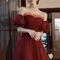 Burgundy tulle long prom dress A line evening dress - Thumbnail 2