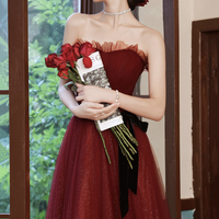 Burgundy tulle long prom dress A line evening dress - Thumbnail 3