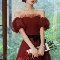 Burgundy tulle long prom dress A line evening dress - Thumbnail 4