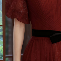 Burgundy tulle long prom dress A line evening dress - Thumbnail 5