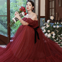 Burgundy tulle long prom dress A line evening dress - Thumbnail 6