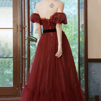Burgundy tulle long prom dress A line evening dress - Thumbnail 7