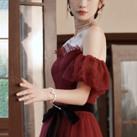 Burgundy tulle long prom dress A line evening dress - Thumbnail 8