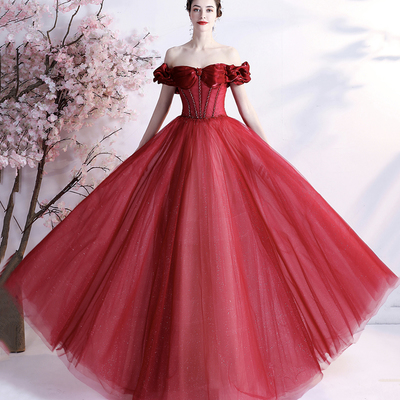 Red tulle beads long prom dress red evening dress - Thumbnail 1