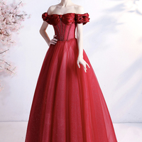 Red tulle beads long prom dress red evening dress - Thumbnail 1