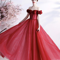 Red tulle beads long prom dress red evening dress - Thumbnail 4