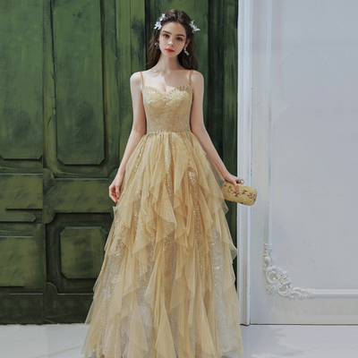 Gold tulle sequins long prom dress a line evening dress