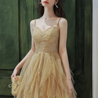 Gold tulle sequins long prom dress A line evening dress - Thumbnail 2