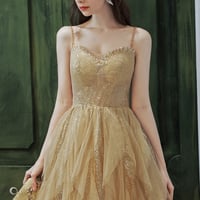 Gold tulle sequins long prom dress A line evening dress - Thumbnail 3