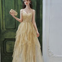 Gold tulle sequins long prom dress A line evening dress - Thumbnail 4
