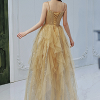 Gold tulle sequins long prom dress A line evening dress - Thumbnail 5
