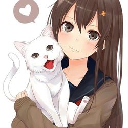 Anime girl brown hair brown eyes white cat blushing kawaii